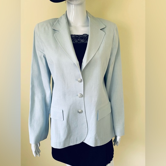 Light blue 100% linen long blazer double collar 4 front buttons 2 pockets US 10 - Picture 5 of 16